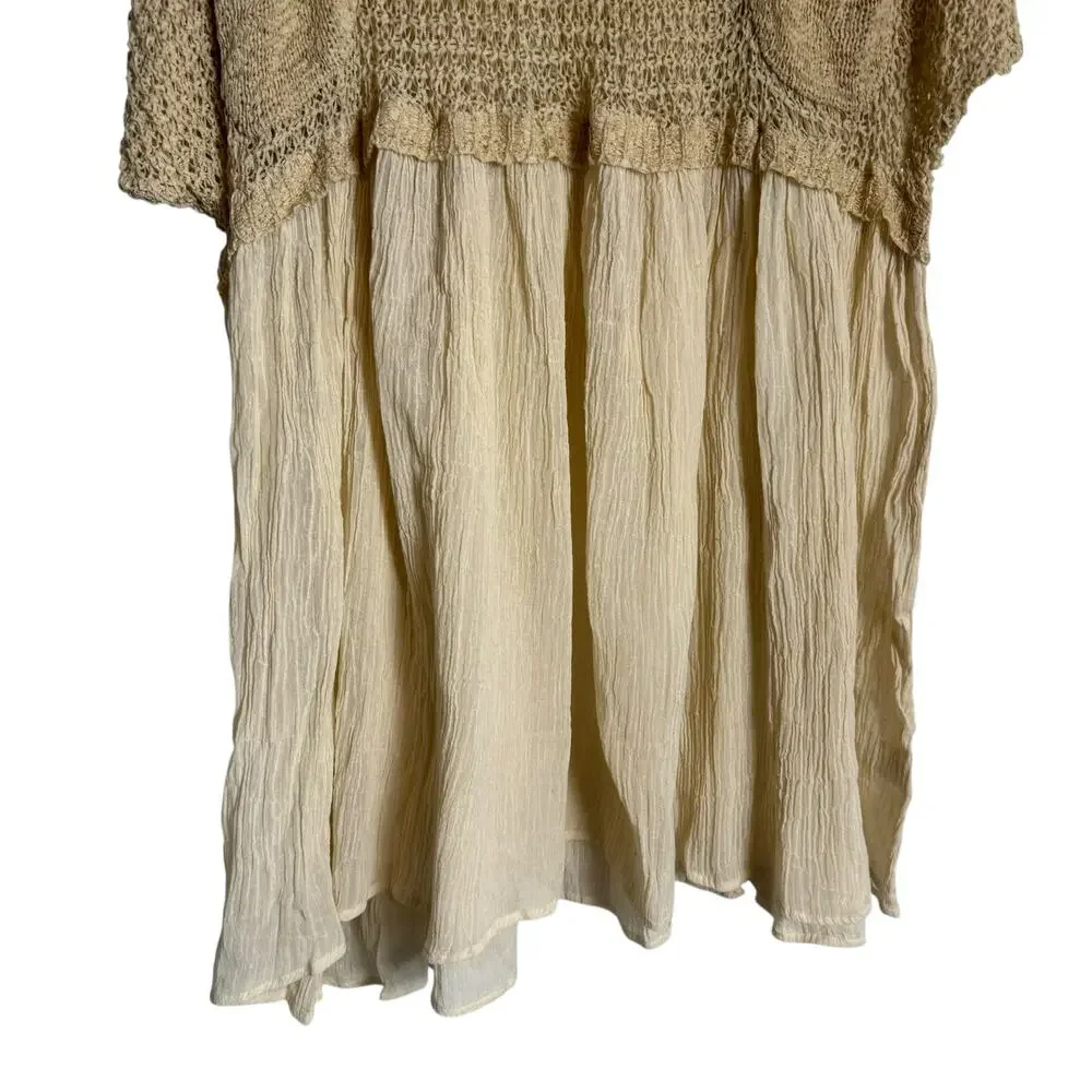Mes Demoiselles Beige Cream Crochet Crinkle Mixed Media Boho Coastal Tunic Top L